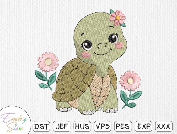 Download Cute Turtle with Flowers Embroidery File - Flower Collection