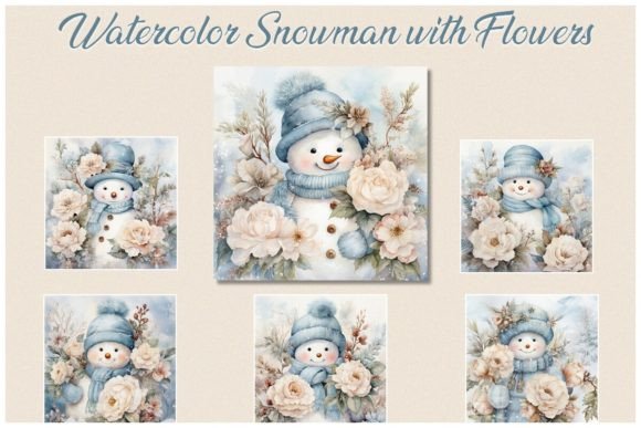 Download 6 Watercolor Snowman with Flowers – JPG - Flower Collection